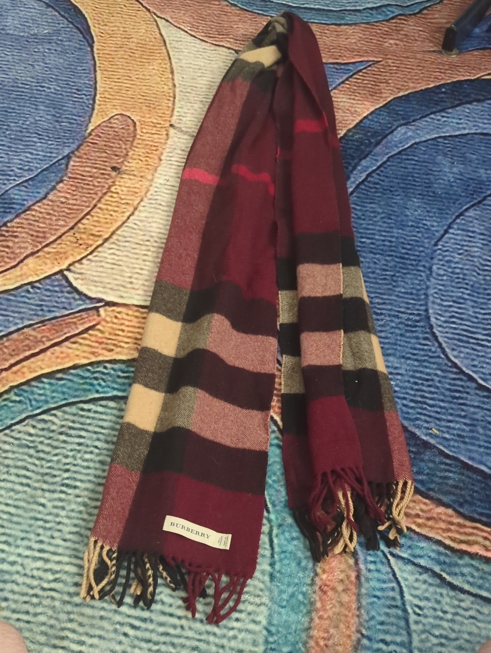Authentic Burberry Burgundy and Tan Classic Nova Check Long Scarfโ - 700.00 MSRP